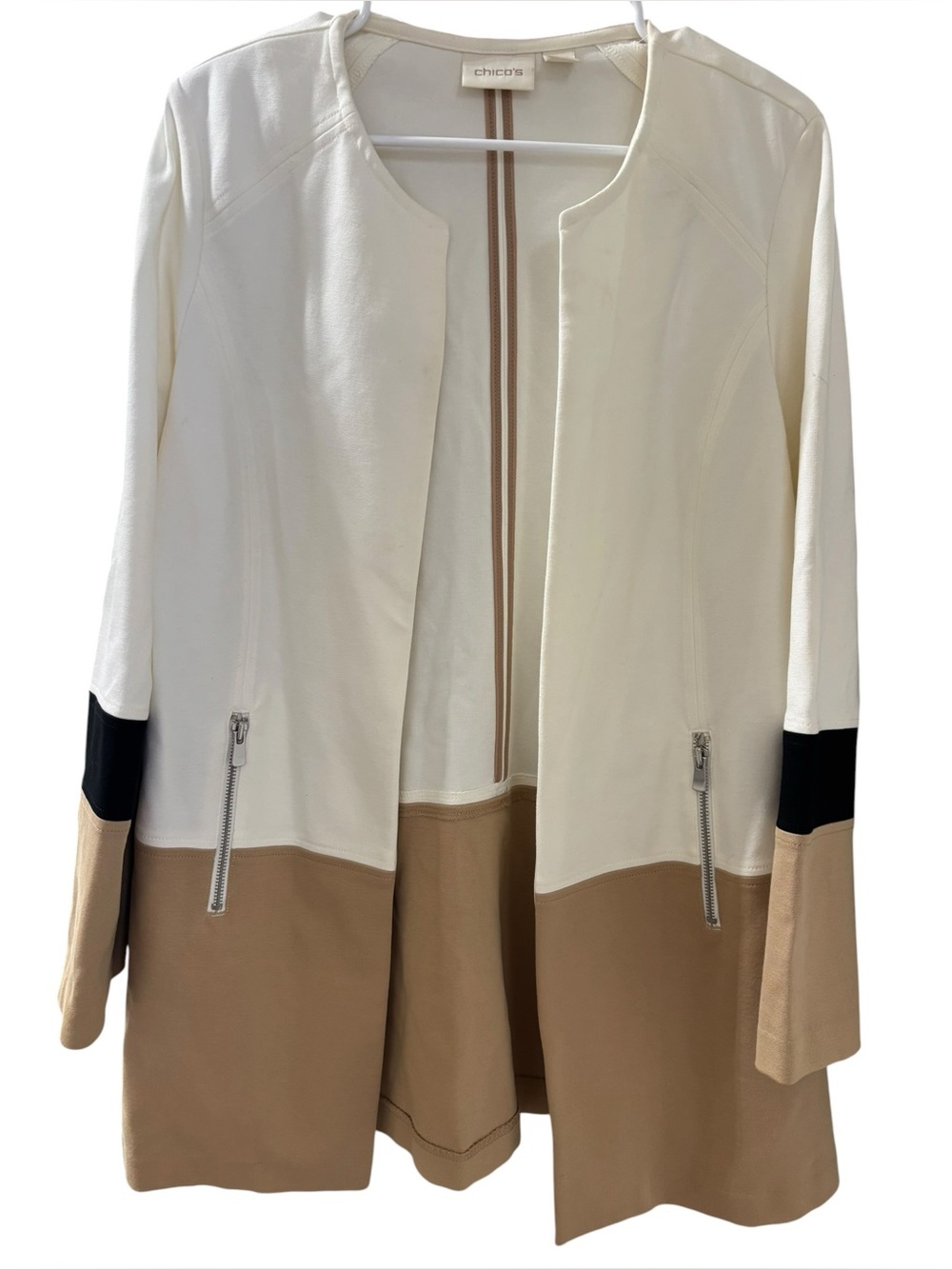 Chicos Women's Blazer White Beige Color Block Zip Pockets Open Front Size 1